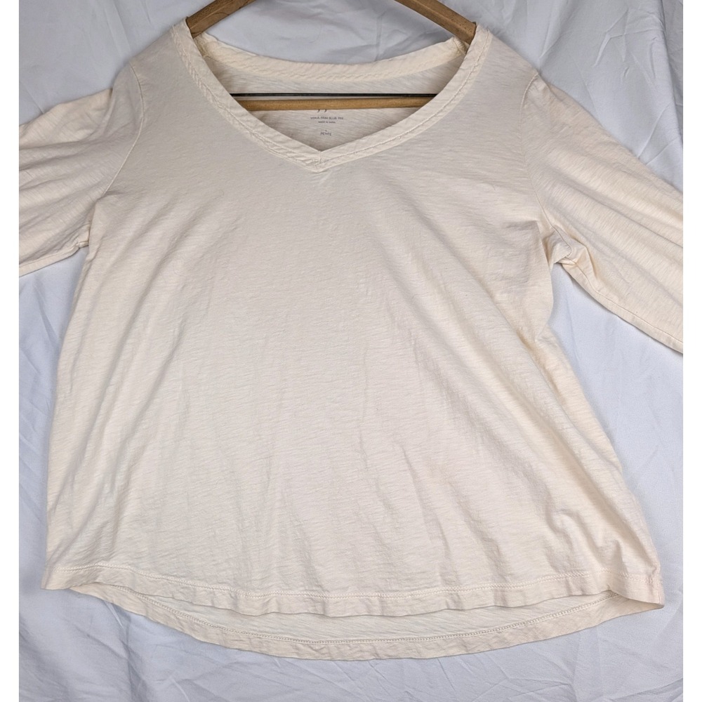 J. Jill Voile-Trim Slub Tee Cream Ivory Cotton V-Neck Long Sleeve Top L Petite